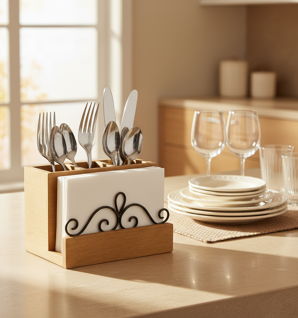 Wooden Cutlery & Tissue Organizer