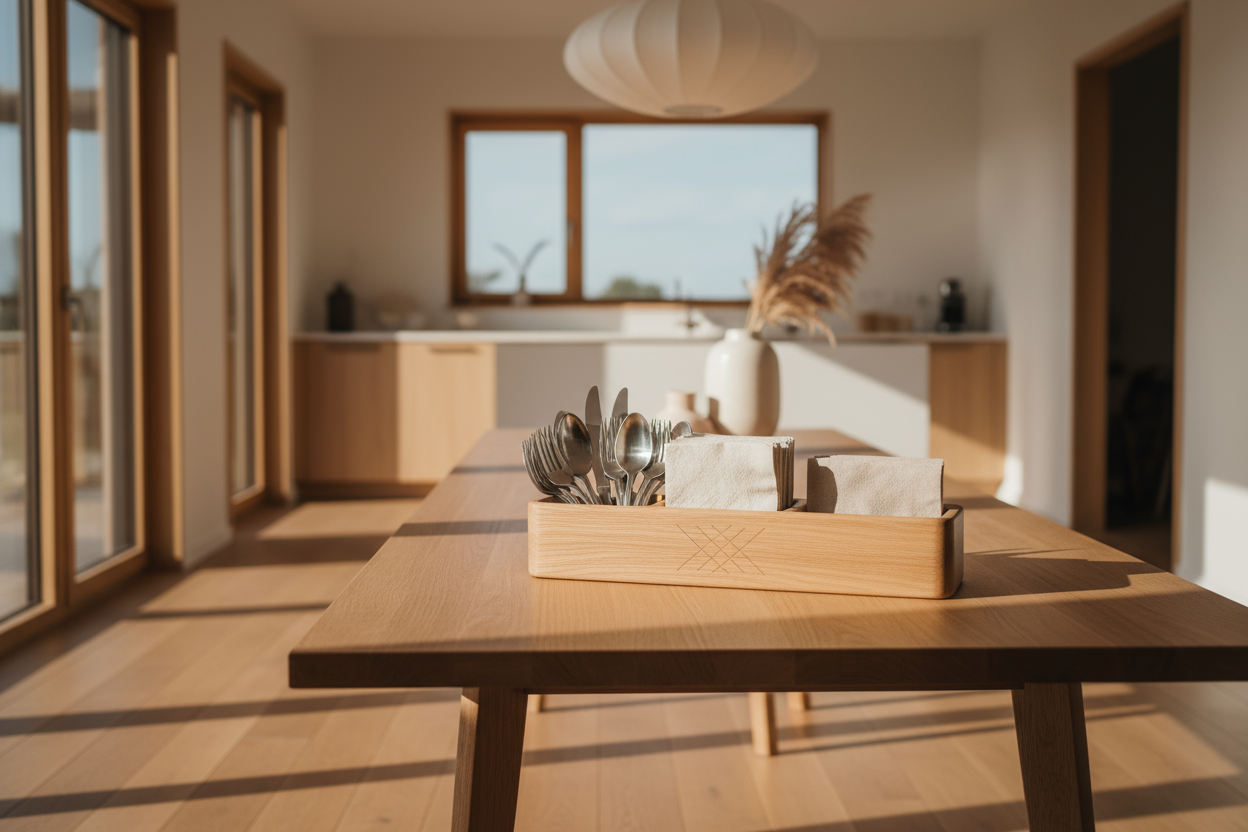 A modern, minimal home interior scene with warm natural lighting and wooden tones. A stylish wooden cutlery and tissue caddy sits neatly on a dining table with elegant utensils and napkins inside. The background shows a cozy, blurred kitchen or dining area with soft depth of field. Include aesthetic shadows, a premium, handcrafted feel, and a Scandinavian-inspired design style. The vibe should feel calm, trustworthy, and modern — perfect for a wooden home décor brand.

Style:
Realistic product photography, 